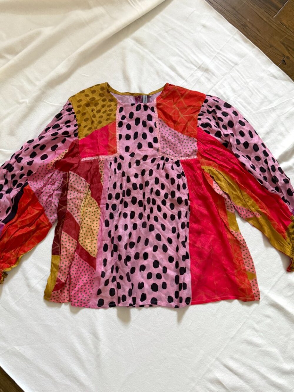 Bl^nk Anthropologie Miranda Eclectic Patchwork Polka Dot Peasant Top Petite L - Picture 11 of 16
